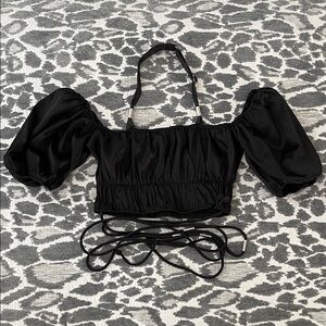 Maniere De Voir Black Satin Puff Sleeve Crop Top